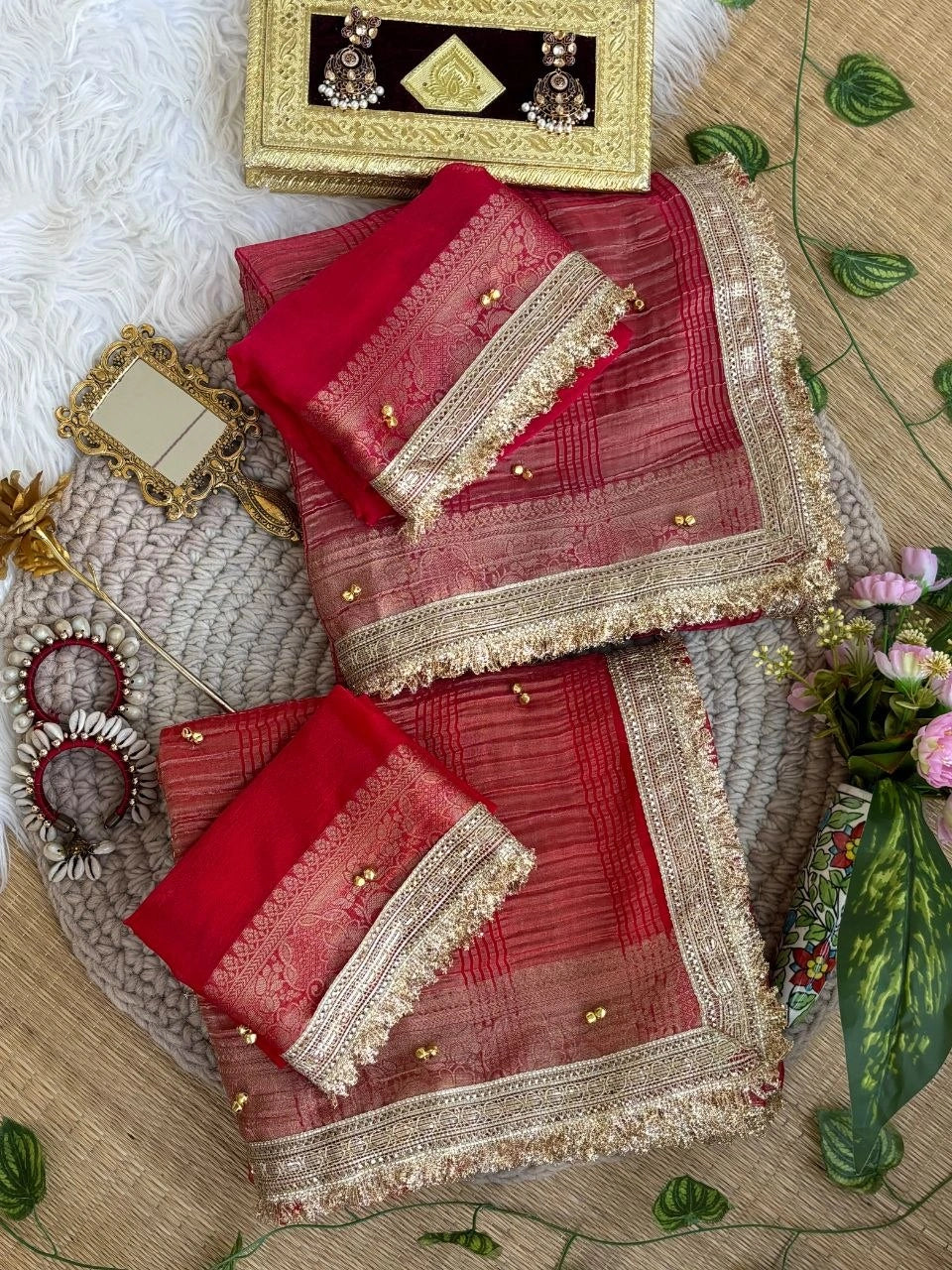 Red saree and blouse piece with fancy lace trim – Kalyanja KS406